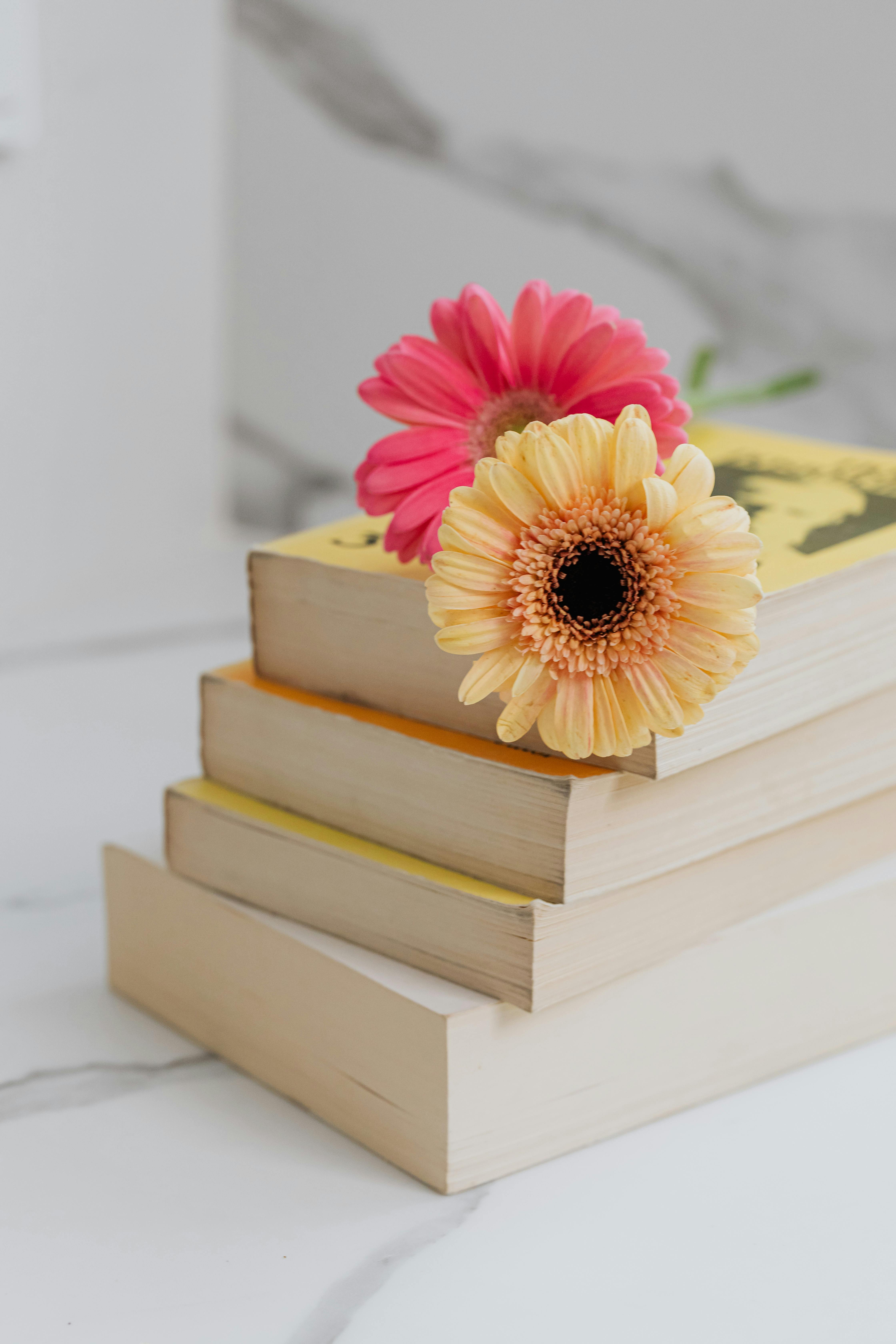 Book stack with a pink flower and yellow flower on top.