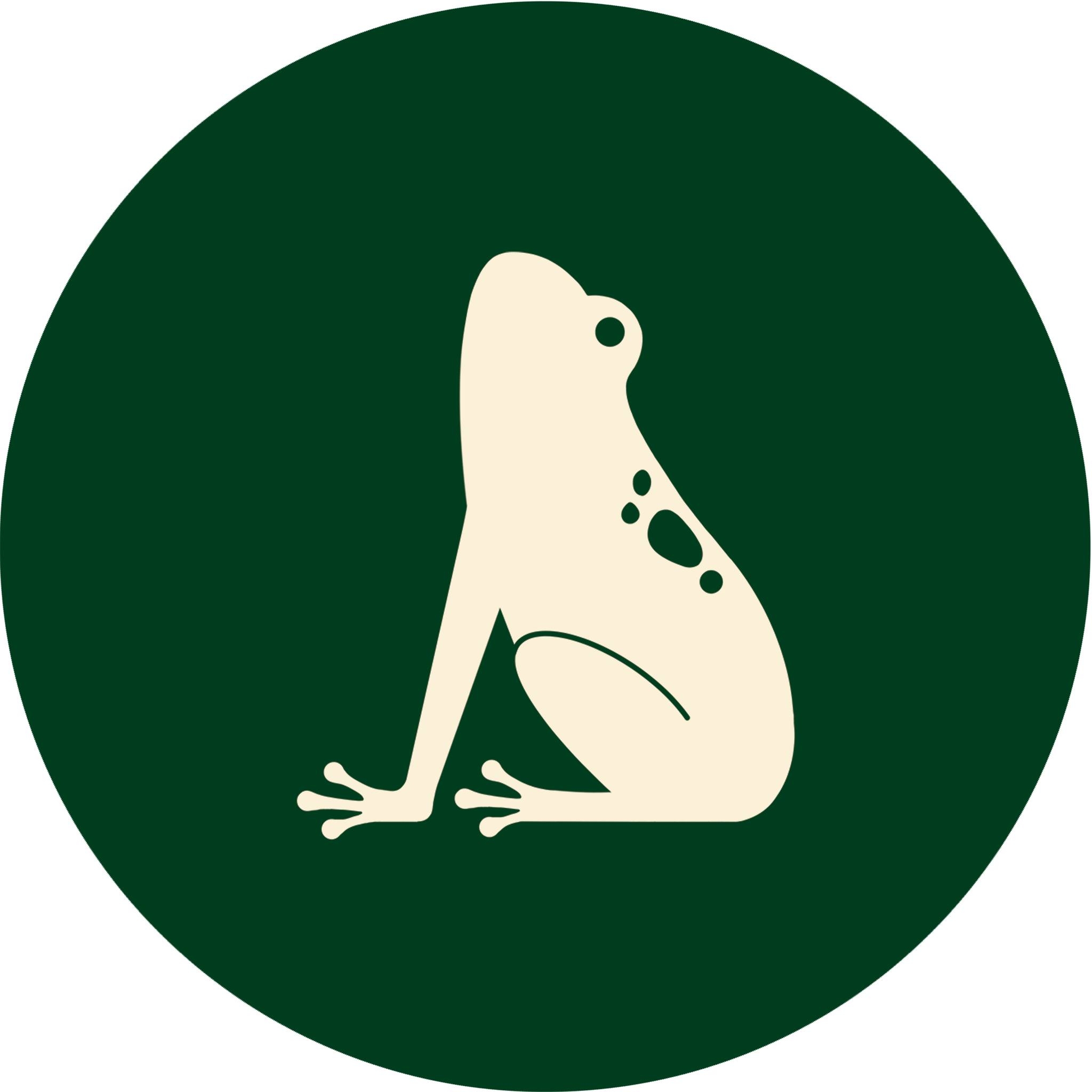 Contrarian logo, green background, beige frog