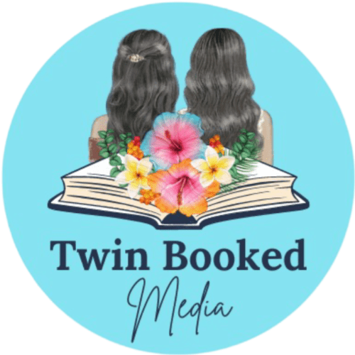 logo for Twin Booked Media, blue background, two sisters, open book with flowers
