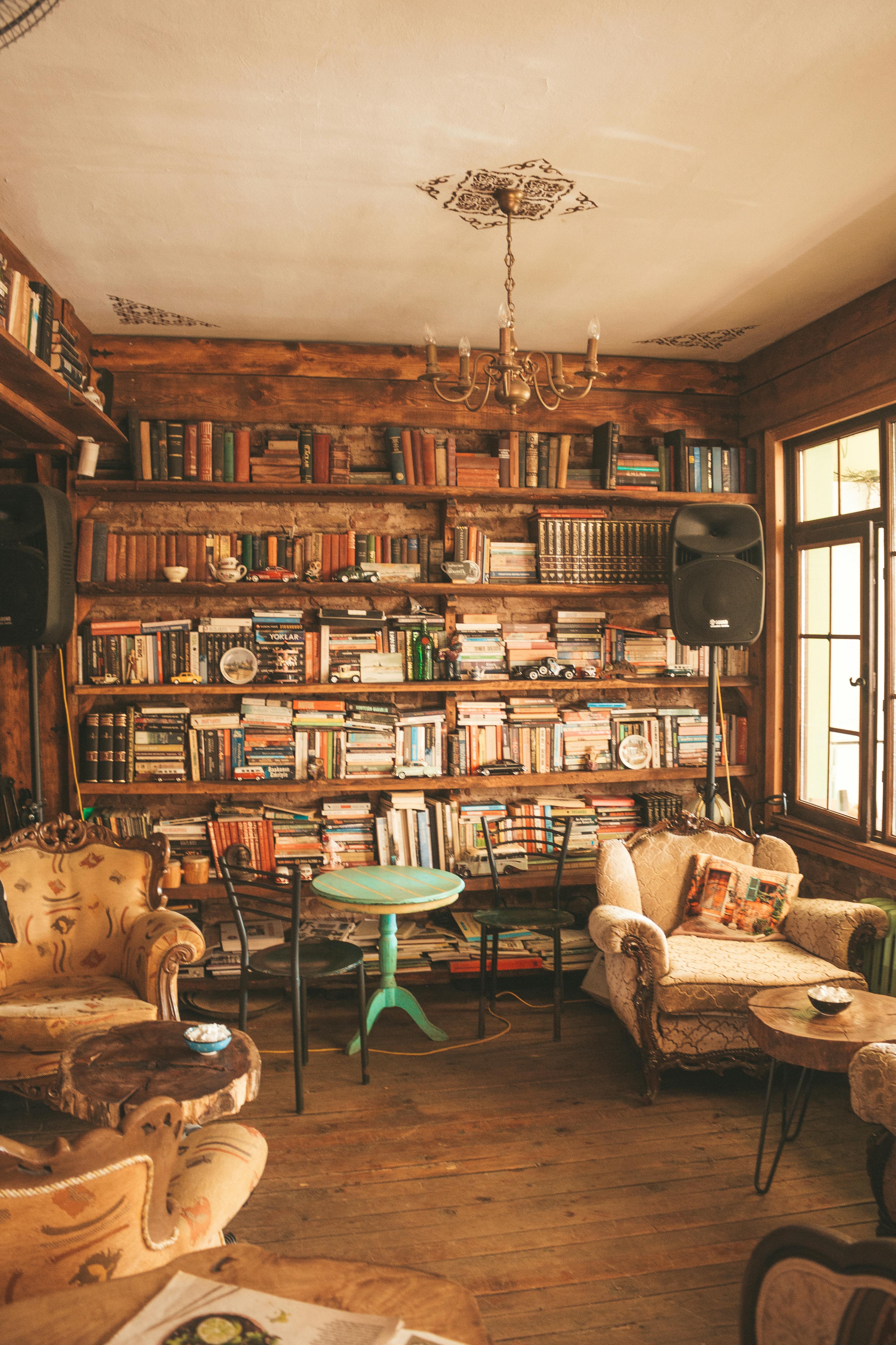 antique looking room and armchairs, books scattered across a bookshelf